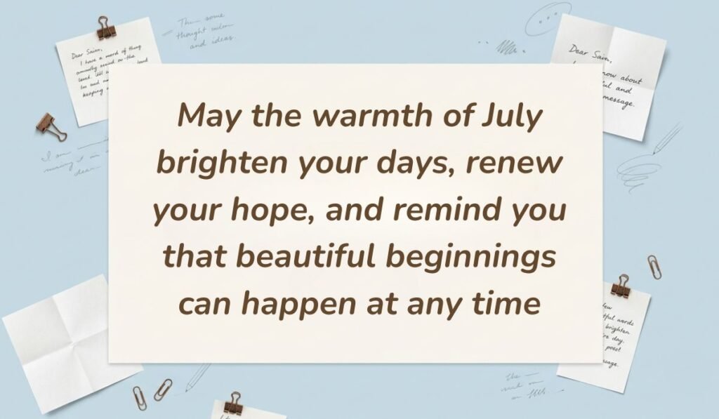 Light blue workspace layout decorated with pinned handwritten notes and paperclips showcasing july quotes stating, "May the warmth of July brighten your days, renew your hope, and remind you that beautiful beginnings can happen at any time"