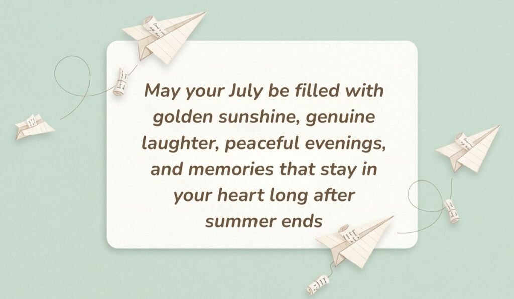 Light mint green background styled with paper airplanes and rolled message scrolls presenting july quotes stating, "May your July be filled with golden sunshine, genuine laughter, peaceful evenings, and memories that stay in your heart long after summer ends"