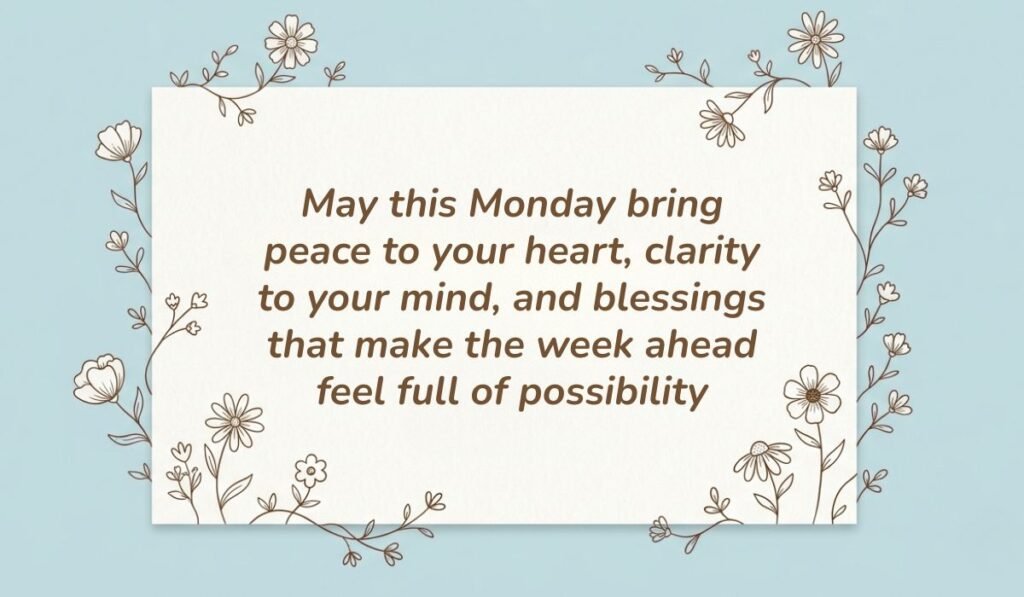 Soft light blue background with a white card framed by delicate floral line art displaying monday blessings reading, "May this Monday bring peace to your heart, clarity to your mind, and blessings that make the week ahead feel full of possibility"