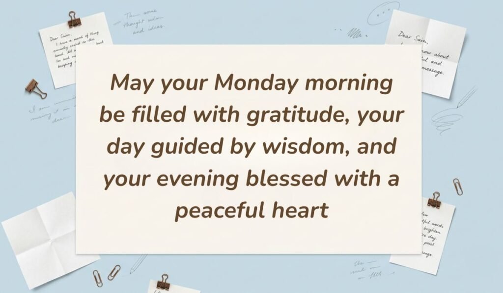 Light blue workspace layout decorated with pinned handwritten notes and paperclips showcasing monday blessings stating, "May your Monday morning be filled with gratitude, your day guided by wisdom, and your evening blessed with a peaceful heart"