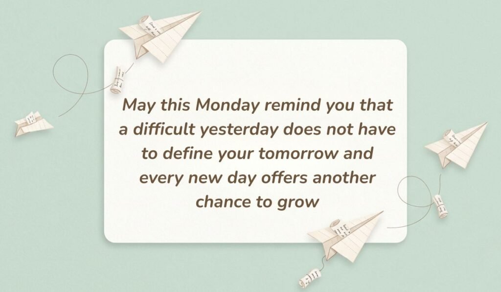 Light mint green background styled with paper airplanes and rolled message scrolls presenting monday blessings stating, "May this Monday remind you that a difficult yesterday does not have to define your tomorrow and every new day offers another chance to grow"