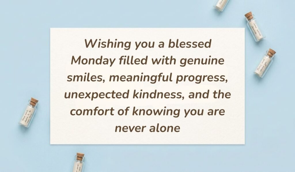 Light sky blue surface arranged with miniature glass message bottles featuring monday blessings reading, "Wishing you a blessed Monday filled with genuine smiles, meaningful progress, unexpected kindness, and the comfort of knowing you are never alone"