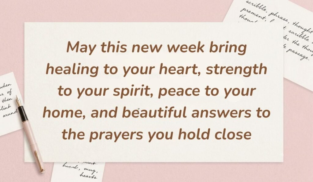 Soft pink background decorated with handwritten notes and a fountain pen displaying monday blessings stating, "May this new week bring healing to your heart, strength to your spirit, peace to your home, and beautiful answers to the prayers you hold close"