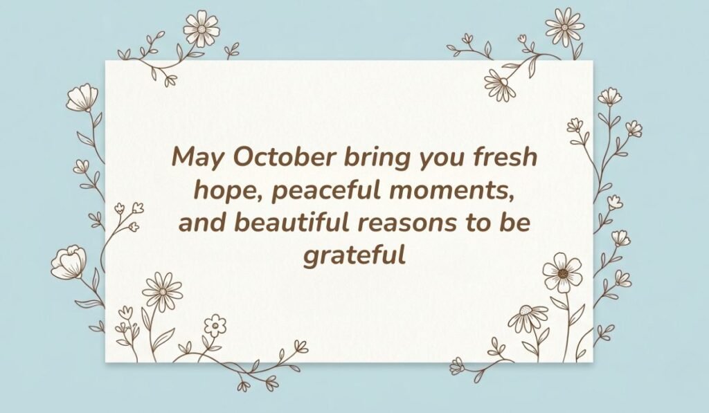 Light blue background framed with botanical floral line art presenting october blessings reading, "May October bring you fresh hope, peaceful moments, and beautiful reasons to be grateful"