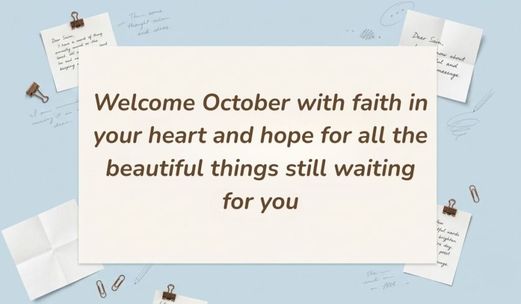Neutral workspace setting surrounded by notes, paperclips, and stationery clips featuring october blessings stating, "Welcome October with faith in your heart and hope for all the beautiful things still waiting for you"