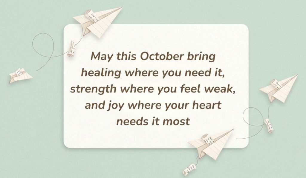 Mint green background decorated with paper airplanes and message scrolls displaying october blessings stating, "May this October bring healing where you need it, strength where you feel weak, and joy where your heart needs it most"