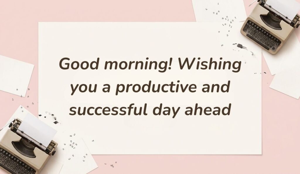 Soft pink workspace background with vintage typewriters and scattered paper displaying professional replies to good morning stating, "Good morning! Wishing you a productive and successful day ahead"