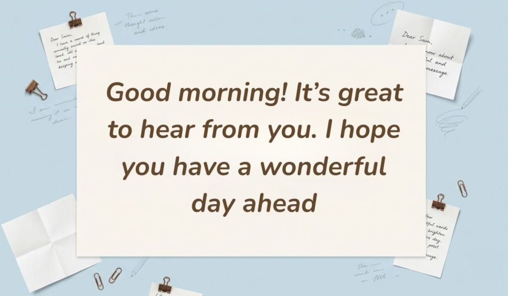 Light blue background surrounded by sticky note reminders, paperclips, and loose notes showcasing professional replies to good morning stating, "Good morning! It’s great to hear from you. I hope you have a wonderful day ahead"