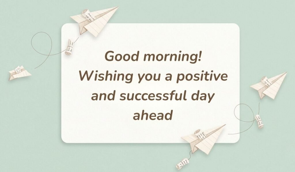 Light sage green surface decorated with folded paper airplanes presenting professional replies to good morning stating, "Good morning! Wishing you a positive and successful day ahead"
