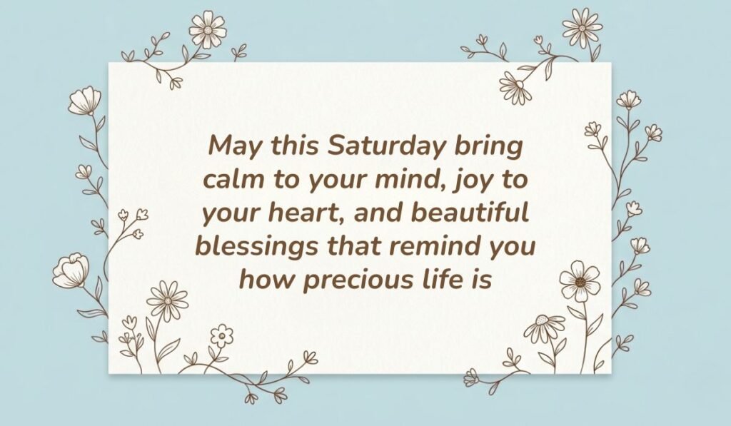 Soft light blue background with a white card framed by delicate floral line art displaying saturday blessings reading, "May this Saturday bring calm to your mind, joy to your heart, and beautiful blessings that remind you how precious life is"