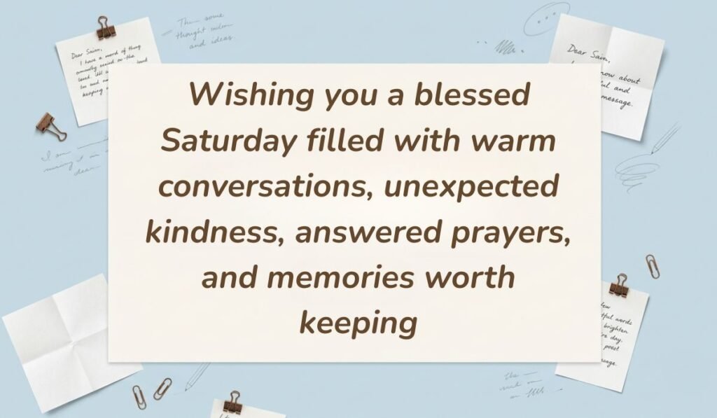 Light blue workspace layout decorated with pinned handwritten notes and paperclips showcasing saturday blessings stating, "Wishing you a blessed Saturday filled with warm conversations, unexpected kindness, answered prayers, and memories worth keeping"