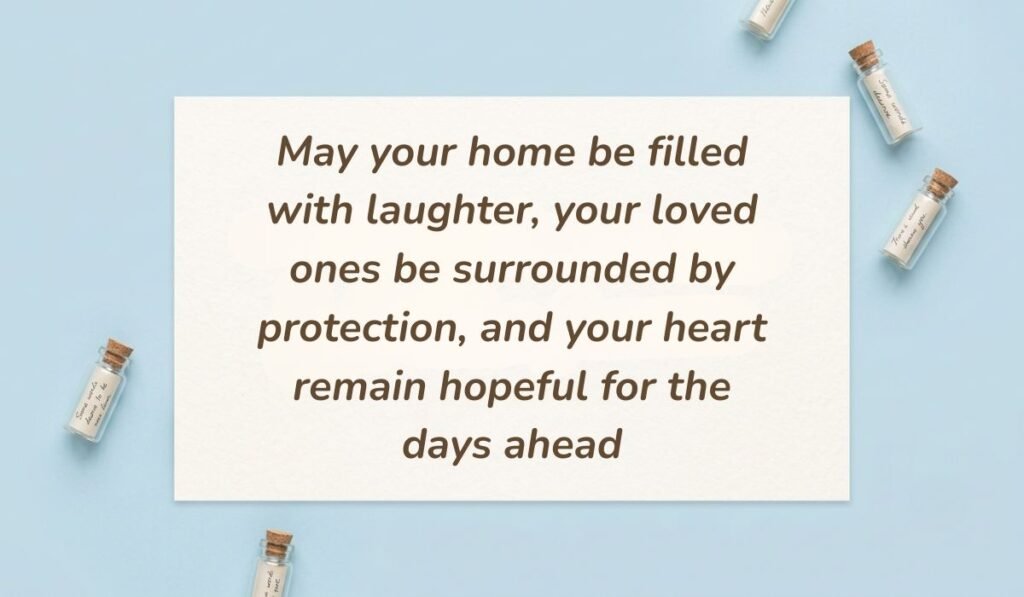 Light sky blue surface arranged with miniature glass message bottles featuring saturday blessings reading, "May your home be filled with laughter, your loved ones be surrounded by protection, and your heart remain hopeful for the days ahead"