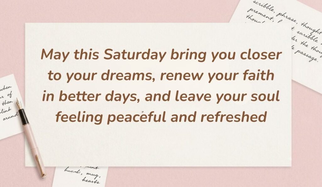 Soft pink background decorated with handwritten notes and a fountain pen displaying saturday blessings stating, "May this Saturday bring you closer to your dreams, renew your faith in better days, and leave your soul feeling peaceful and refreshed"