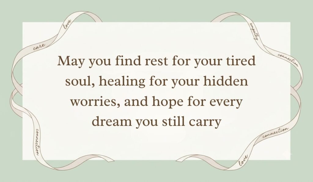 Sage green background with a card framed by an ornate ribbon border presenting sunday blessings reading, "May you find rest for your tired soul, healing for your hidden worries, and hope for every dream you still carry"