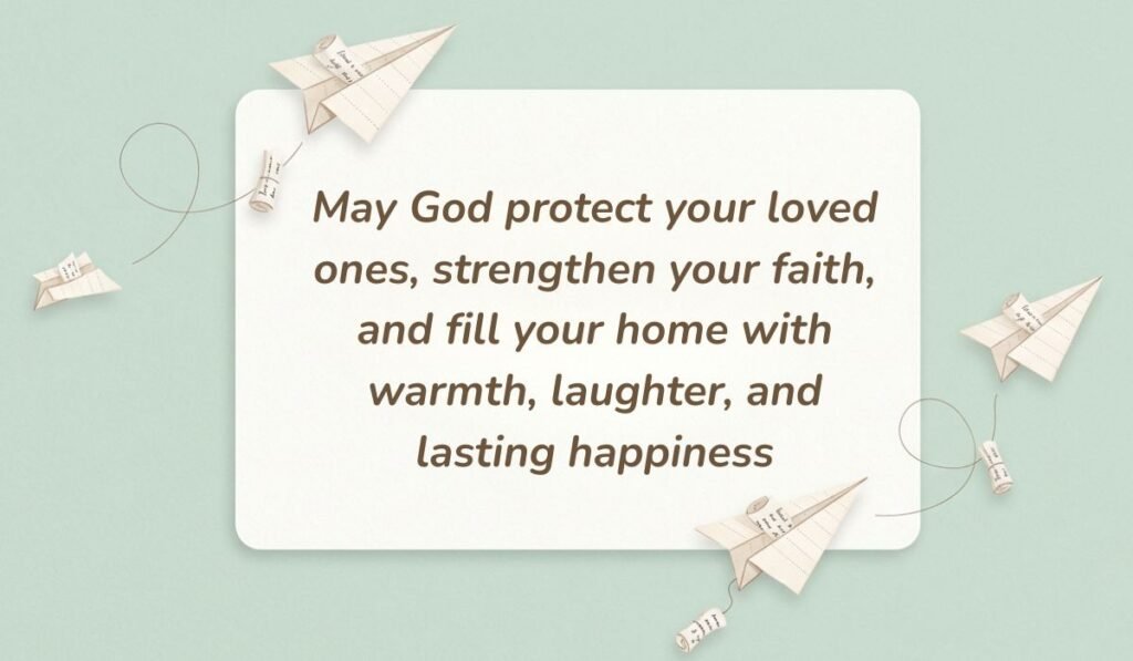 Light mint green background styled with paper airplanes and small message scrolls presenting sunday blessings stating, "May God protect your loved ones, strengthen your faith, and fill your home with warmth, laughter, and lasting happiness"