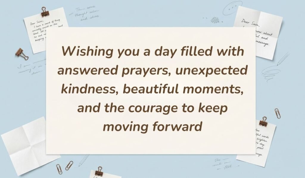 Light blue workspace layout with pinned handwritten notes and paperclips featuring thursday blessings stating, "Wishing you a day filled with answered prayers, unexpected kindness, beautiful moments, and the courage to keep moving forward"