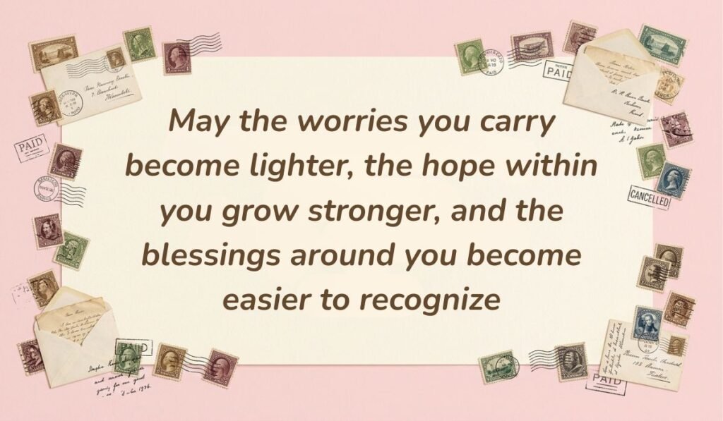 Soft pink stationery setting with vintage postmarked envelopes and postage stamps displaying thursday blessings reading, "May the worries you carry become lighter, the hope within you grow stronger, and the blessings around you become easier to recognize"