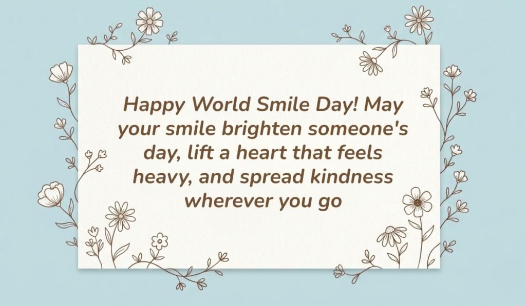 Soft light blue background with a white card framed by delicate floral line art displaying world smile day messages reading, "Happy World Smile Day! May your smile brighten someone's day, lift a heart that feels heavy, and spread kindness wherever you go"