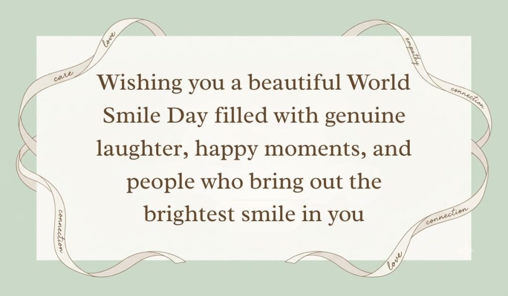 Sage green backdrop framed by an ornate flowing ribbon border presenting world smile day messages reading, "Wishing you a beautiful World Smile Day filled with genuine laughter, happy moments, and people who bring out the brightest smile in you"