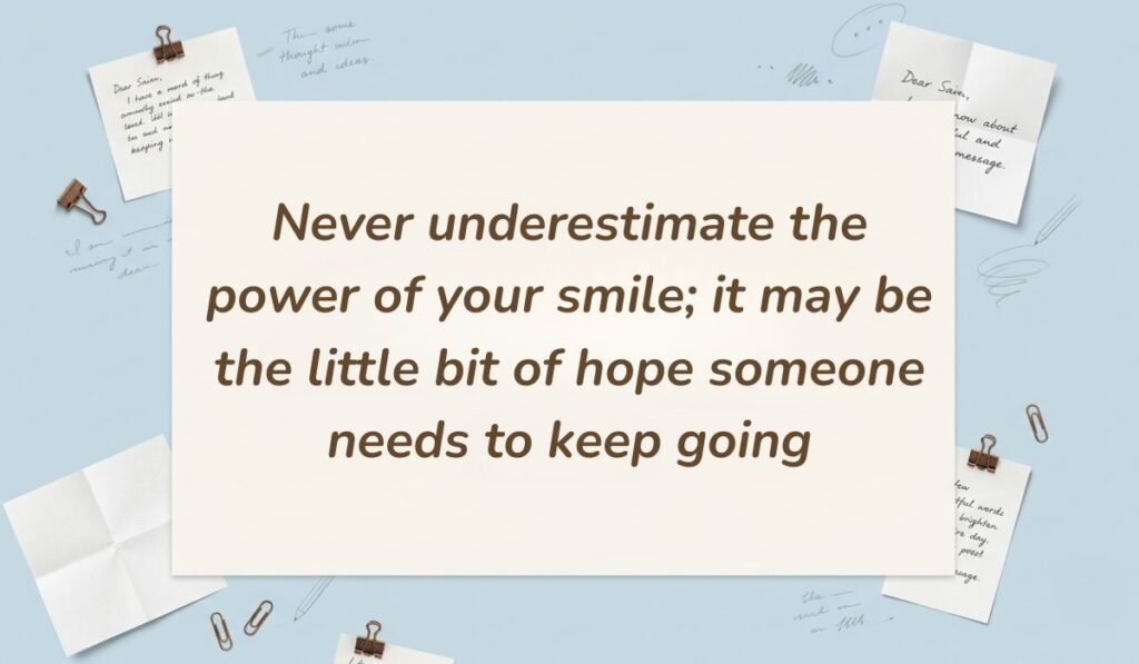 Light blue workspace layout decorated with pinned handwritten notes and paperclips showcasing world smile day messages stating, "Never underestimate the power of your smile; it may be the little bit of hope someone needs to keep going"