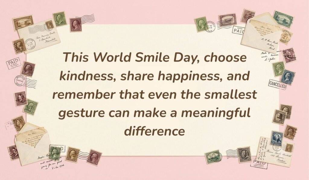 Soft pink stationery setting with vintage postmarked envelopes and postage stamps displaying world smile day messages reading, "This World Smile Day, choose kindness, share happiness, and remember that even the smallest gesture can make a meaningful difference"