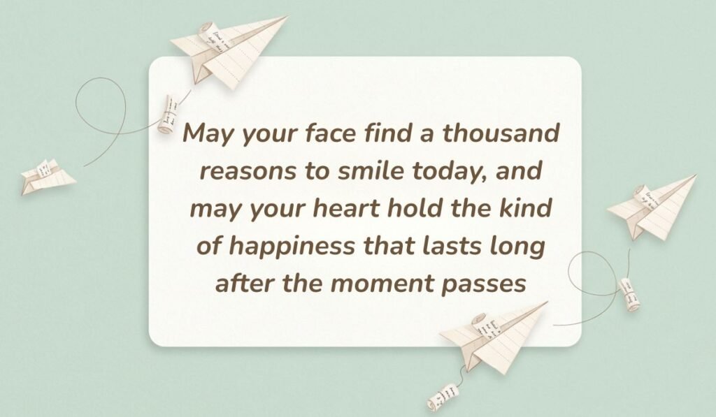 Light mint green background styled with paper airplanes and rolled message scrolls presenting world smile day messages stating, "May your face find a thousand reasons to smile today, and may your heart hold the kind of happiness that lasts long after the moment passes"
