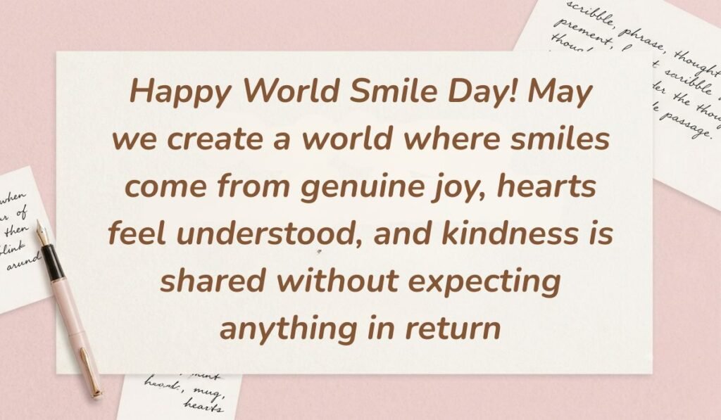 Soft pink background decorated with handwritten notes and a fountain pen displaying world smile day messages stating, "Happy World Smile Day! May we create a world where smiles come from genuine joy, hearts feel understood, and kindness is shared without expecting anything in return"